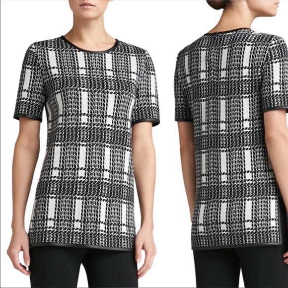 St. John Tops - ST.JOHN Damask Jaquard knit Napa leather trim jewel neck tunic blouse shirt Sz 2